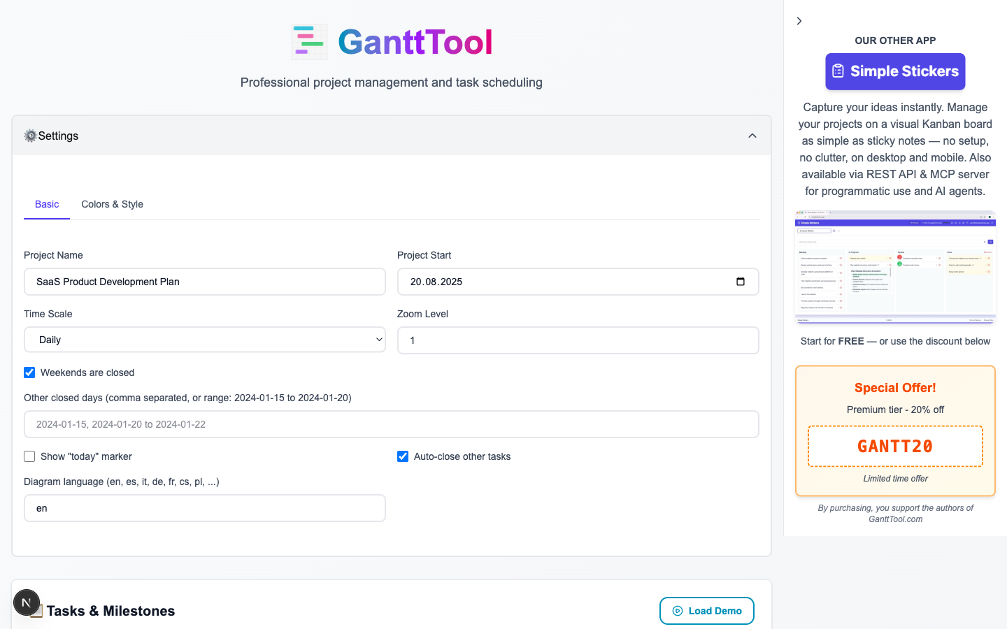 Panel nastavení GanttTool zobrazující záložku Základní s poli pro název projektu, datum zahájení, časovou škálu, přiblížení, zavřené víkendy a značku dneška