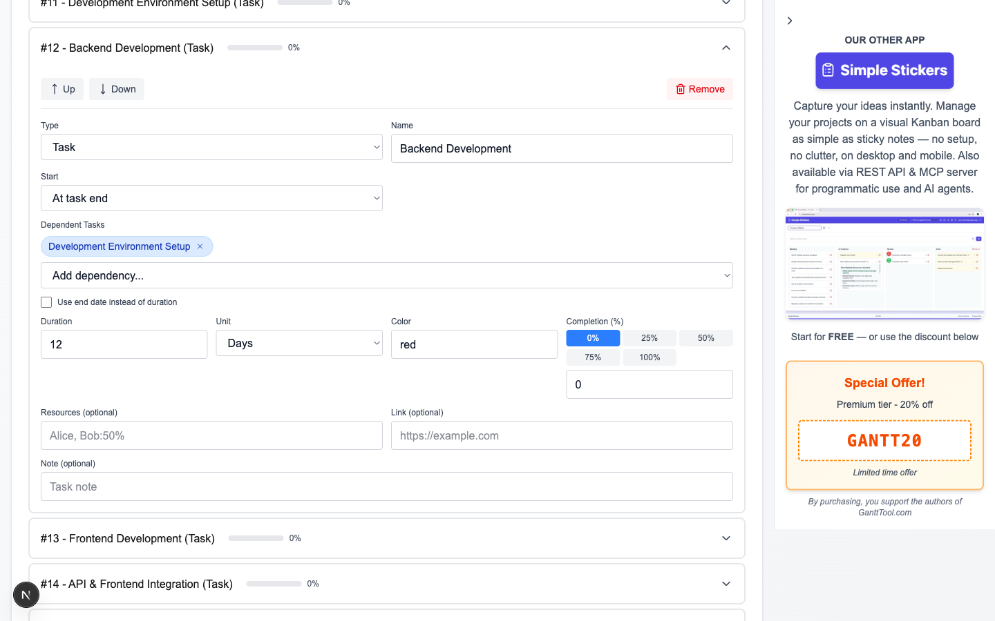 Panel úprav úkolu GanttTool zobrazující volič typu, rozbalovací seznam typu začátku, zaškrtávací pole závislostí, trvání, barvu, posuvník dokončení, zdroje, odkaz a pole poznámky